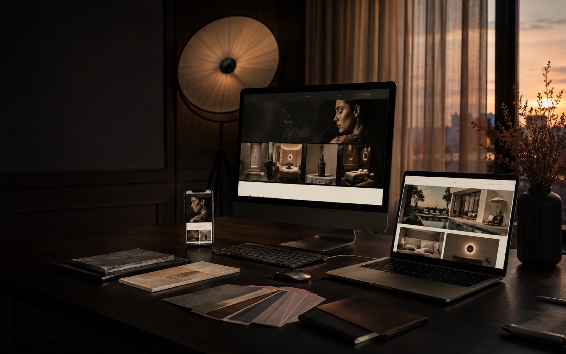 Luxury design studio desk with website designs displayed across devices